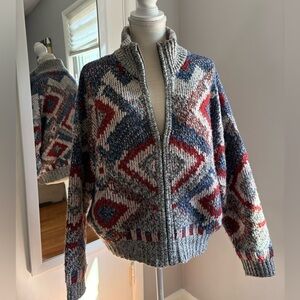 Fat Face, Multi Erin Knitted Wool Zip Up Cardigan, Wool Red and Blue Knit, M/L